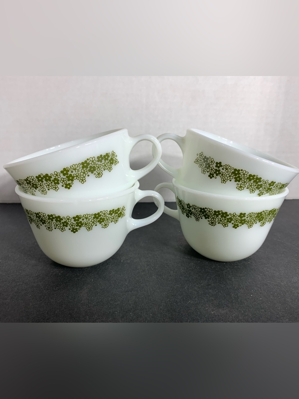 Vintage Pyrex Spring Blossom Mugs Set of 4 | 1970s Green Floral Milk Glass Cups